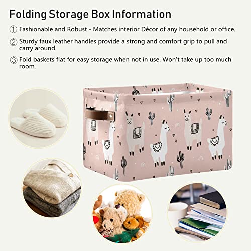 Cartoon Llama Alpaca Cactus Storage Bin Canvas Toys Storage Basket Bin Large Storage Cube Box Collapsible with Handles for Home Office Bedroom Closet Shelves,2 pcs