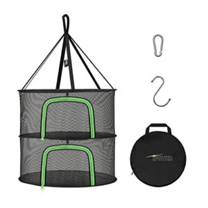 ipower herb drying rack 2-layer 2-feet hanging mesh net dryer collapsible with u-shape zippers, pothook, carabiner and storage pouch, for hydroponics flowers, buds, fruits, seafoods, clothes