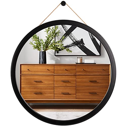 Honiway Round Mirror Black 24 inch with Bevel Wood Frame Large Circle Mirror Hanging Mirror Round Bathroom Mirror Circular Wall Mirror for Living Room Bedroom Entryway