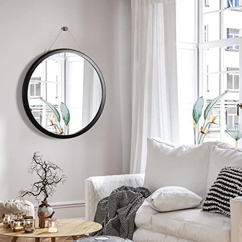 Honiway Round Mirror Black 24 inch with Bevel Wood Frame Large Circle Mirror Hanging Mirror Round Bathroom Mirror Circular Wall Mirror for Living Room Bedroom Entryway