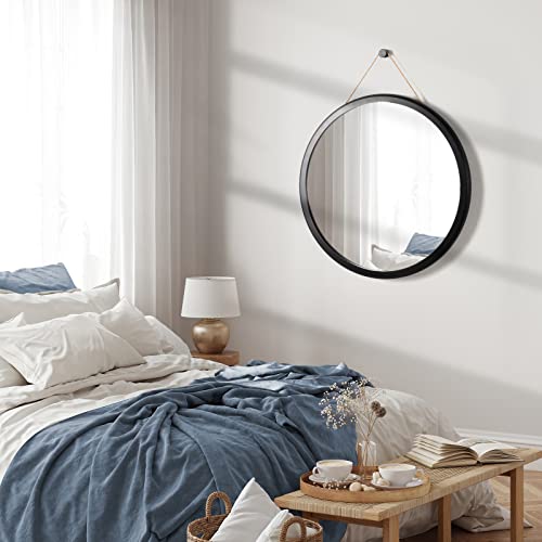 Honiway Round Mirror Black 24 inch with Bevel Wood Frame Large Circle Mirror Hanging Mirror Round Bathroom Mirror Circular Wall Mirror for Living Room Bedroom Entryway