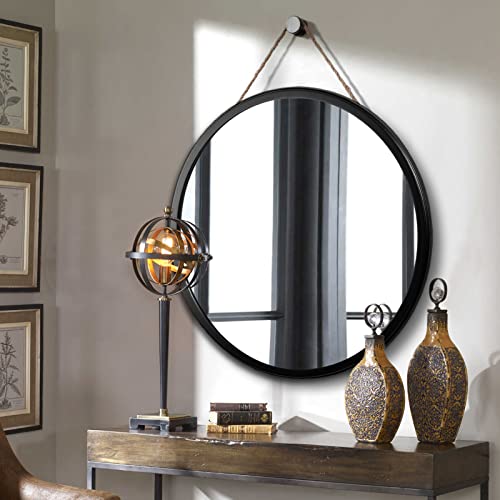 Honiway Round Mirror Black 24 inch with Bevel Wood Frame Large Circle Mirror Hanging Mirror Round Bathroom Mirror Circular Wall Mirror for Living Room Bedroom Entryway