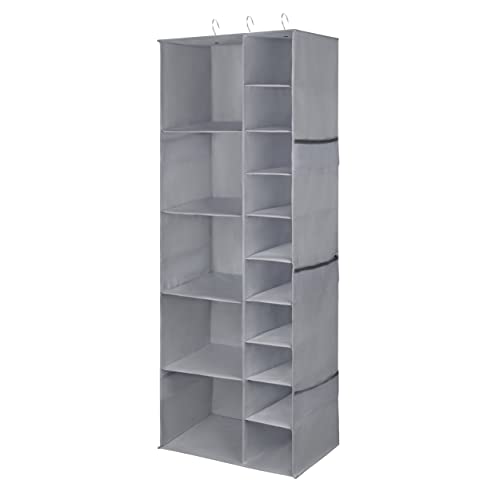 Libeder Shoe Organizer for Closet, 15 Shelf Hanging Closet Storage Shelves - 10 Shoe Rack Organizer and 5 Compartment for Clothes with 6 Side Mesh Pockets for Scarves Socks,Gloves Grey