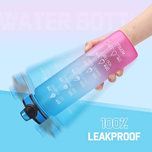 RealCool Water Bottle with Straw, Motivational Water Bottle with Times to Drink for Women Men-32 oz Gym Water Bottle Leakproof BPA Free Sports Water Bottle with 2 Brush, Blue Pink