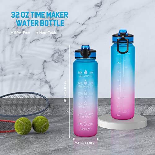 RealCool Water Bottle with Straw, Motivational Water Bottle with Times to Drink for Women Men-32 oz Gym Water Bottle Leakproof BPA Free Sports Water Bottle with 2 Brush, Blue Pink