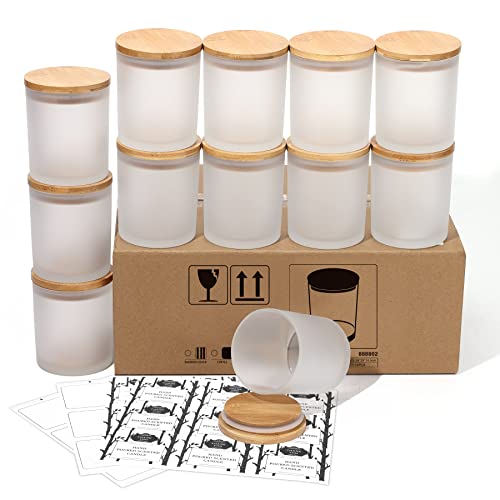 Aminigram 12 Pack, 12 OZ Frosted Candle Jars with Bamboo Lids, Empty Matte White Glass Candle Jars for Making Candles, Morden Kitchen Bathroom Small Things Container - Bonus 36 Sticky Labels