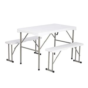lakhow-3-piece table and bench   resin 3-piece folding bench and table set, 2 benches(35.4inch) and table(44.5inch),with seating set plastic folding table portable dining table party camping table