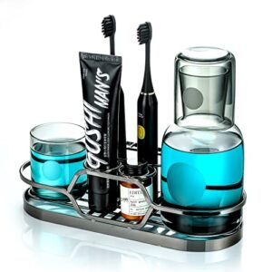 25 oz mouthwash dispenser bottle with stainless steel toothbrush holder, mouthwash decanter glass water carafe set for bathroom,bedside, nightstand with accessories organizer