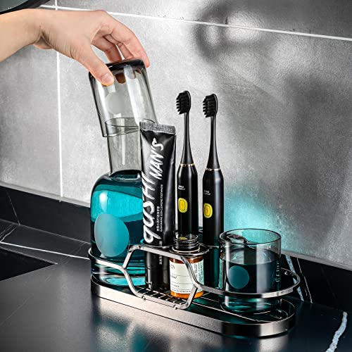 25 OZ Mouthwash Dispenser Bottle with Stainless Steel Toothbrush Holder, Mouthwash Decanter Glass Water Carafe Set for Bathroom,Bedside, Nightstand with Accessories Organizer