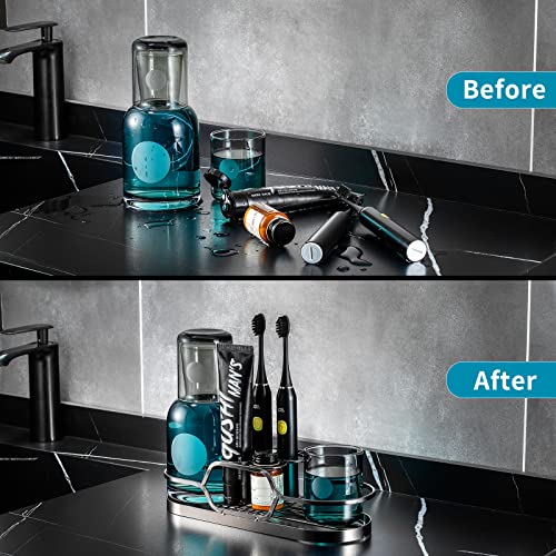 25 OZ Mouthwash Dispenser Bottle with Stainless Steel Toothbrush Holder, Mouthwash Decanter Glass Water Carafe Set for Bathroom,Bedside, Nightstand with Accessories Organizer