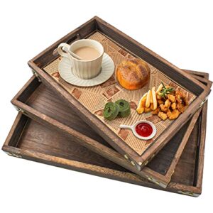 enkrio wood serving tray with handles set of 3 food tray vintage serving tray coffee table tray wooden breakfast trays kitchen trays for counter decor eating living room bathroom hospital and outdoors