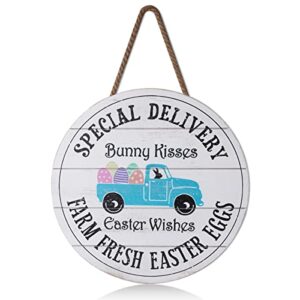 cyprewood easter decoration sign for the home, 16" large farmhouse wooden easter decor, easter signs for door hanger, yard (little blue truck easter)