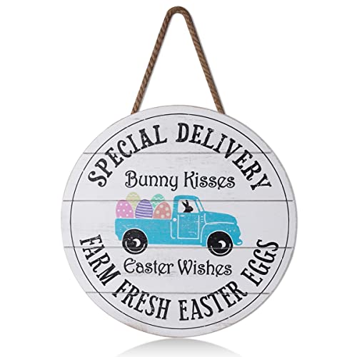 CYPREWOOD Easter Decoration Sign for the Home, 16" Large Farmhouse Wooden Easter Decor, Easter Signs for Door Hanger, Yard (Little Blue Truck Easter)