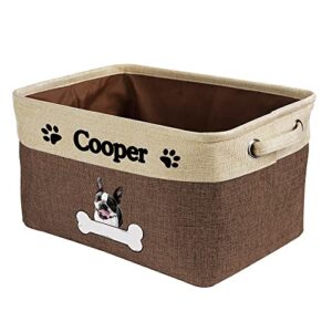 personalized dog boston terrier bone decorative storage basket fabric durable toy box with 2 handles for organizing closet garage clothes blankets brown and white