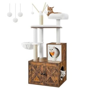 feandrea woodywonders cat tree with litter box enclosure, 2-in-1 modern tower, furniture hidden, cat condo with scratching posts, removable pompom sticks, rustic brown upct113x01