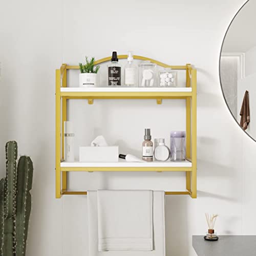 DR.IRON Gold Wall Bathroom Shelves with Towel Holder,Floating Bathroom Shelves Towel Rack for Bathroom Storage (2-Tier) (Gold Bracket & White Shelves)