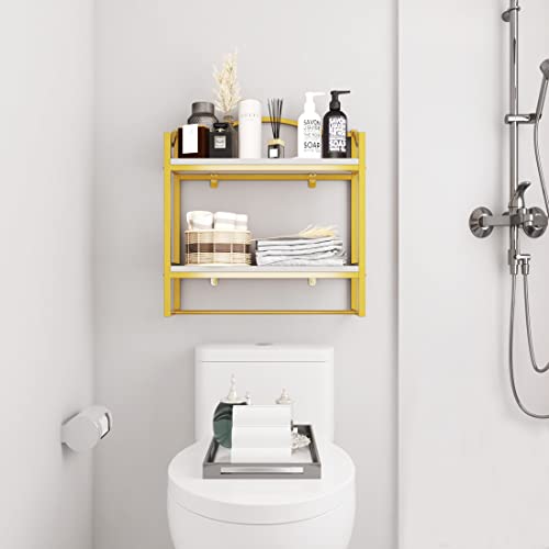 DR.IRON Gold Wall Bathroom Shelves with Towel Holder,Floating Bathroom Shelves Towel Rack for Bathroom Storage (2-Tier) (Gold Bracket & White Shelves)