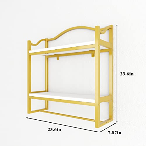 DR.IRON Gold Wall Bathroom Shelves with Towel Holder,Floating Bathroom Shelves Towel Rack for Bathroom Storage (2-Tier) (Gold Bracket & White Shelves)