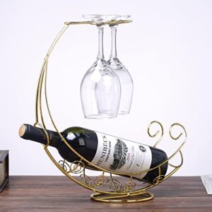 Homya Tabletop Metal Wine Bottle Rack Elevated Vertical Countertop Wine Glass Display Organizer, Dining Table Offers Wine Glasses as Gifts, Holds 1 Bottle 2 Glasses, Plating Craft Gold Glod