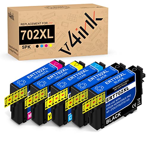 v4ink 702XL Ink Cartridge Remanufactured Replacement for Epson 702XL T702 T702XL Compatible with Workforce Pro WF-3720 WF-3730 WF-3733 5 Pack (2 Black,Cyan,Magenta,Yellow)