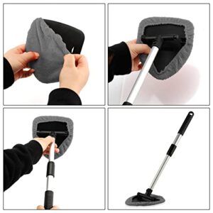 UYYE Windshield Cleaning Tool, Retractable Rotary Triangular Head Cleaning Brush,with Washable Fiber Cloth and Water Spray Kettle, Reusable Car Interior and Exterior Accessories Cleaning Kit, Gray