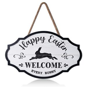 cyprewood happy easter sign, easter bunny decor, 19"x12" farmhouse easter decor, vintage easter hanging decorations for the home, door, yard (happy easter welcome)