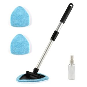 uyye windshield cleaning tool, retractable rotary triangular head cleaning brush,with washable fiber cloth and water spray kettle, reusable car interior and exterior accessories cleaning kit, blue