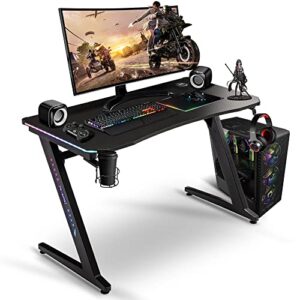 s*max gaming desk with led lights real rgb leg led gaming desk wireless charging & usb pad carbon fiber finish large z shaped gaming table 47 inch cup holder headphone hook home gaming desk black