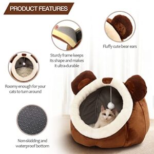 Lcybem Cat Beds for Indoor Cats - Cat Bed Cave with Removable Washable Cushioned Pillow, Soft Plush Premium Cotton No Deformation Pet Bed, Roomy Bear Cat House Design, Multiple Sizes-L