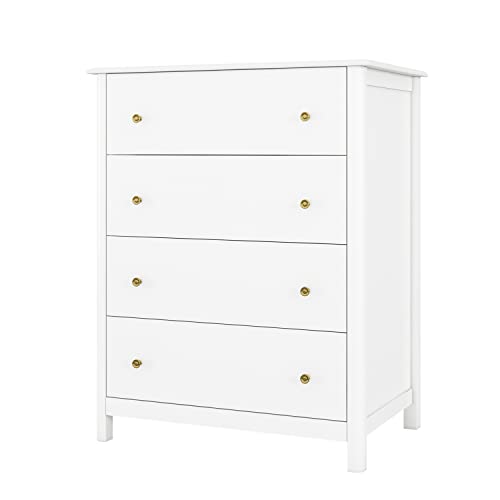 HOUSUIT White Dresser with 4 Drawers, Modern Dresser Chest of Drawers, 4 Drawer Dresser, Tall Wood Dresser Storage Cabinet for Living Room, Entryway, Hallway, Ivory White