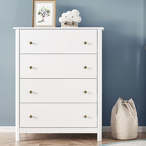 HOUSUIT White Dresser with 4 Drawers, Modern Dresser Chest of Drawers, 4 Drawer Dresser, Tall Wood Dresser Storage Cabinet for Living Room, Entryway, Hallway, Ivory White