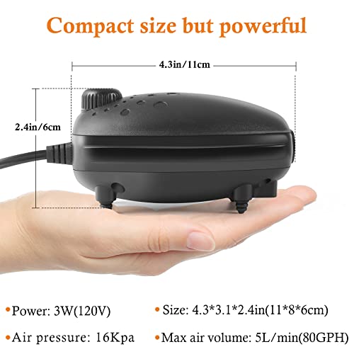 HITOP 3W 80GPH Adjustable Aquarium Air Pump, Upgrade Quiet Oxygen Pump, Powerful Air Aerator for Fish Tank up to 120 Gallon