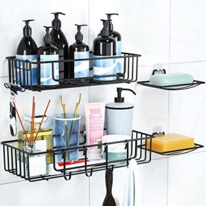 shower caddy basket shower storage organizer shelves stainless steel, bathroom organizer space saver wall mounted, no drilling no marking sticker toilet kitchen multipurpose storage shelf with 5 hooks