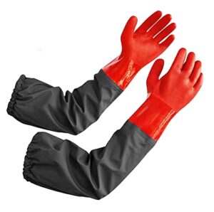 fododo 25-inch pond gloves long waterproof aquarium gloves for dishwasher and pond cleaning, heavy duty long rubber gloves for aquarium with cotton lining, red