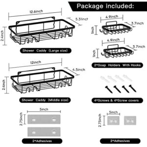 Damyon Shower Caddy Shelf Organizer (2Pack) with 2 Soap Dishes, Adhesive Black Bathroom Accessories Basket Shelves with Hooks, No Drilling Wall Mount Shower Storage Accessories