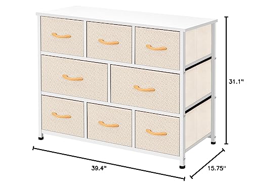 AZL1 Life Concept Extra Wide Organizer 8-Drawer Closet Shelves, Dressers Storage Chest for Bedroom, Living Room, Hallway & Nursery with Easy Pull Fabric Bins Wood Top, Ivory