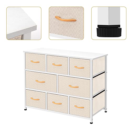 AZL1 Life Concept Extra Wide Organizer 8-Drawer Closet Shelves, Dressers Storage Chest for Bedroom, Living Room, Hallway & Nursery with Easy Pull Fabric Bins Wood Top, Ivory