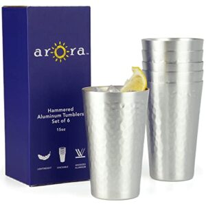 arora aluminum cups, metal anodized hammered silver tumbler set, aluminum cold-drink cup 15oz cup set of 6