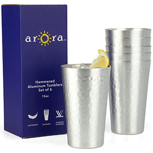 ARORA Aluminum Cups, Metal Anodized Hammered Silver Tumbler Set, Aluminum Cold-Drink Cup 15oz Cup Set of 6