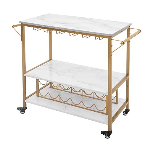 AZL1 Life Concept Bar Serving Cart Bottle Storage and Wine Glass Rack-Faux Marble and Gold