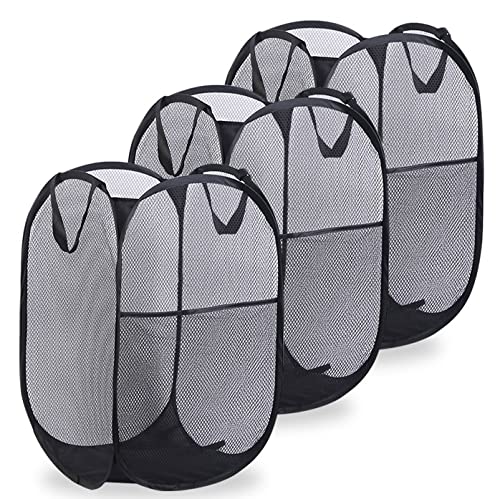 3 Pack Mesh Pop-Up Laundry Hamper, Large Dirty Clothes Baskets w Handles & Side Pocket, Collapsible Washing Laundry Basket, Portable Hamper Bag for Storage Travel (Black)