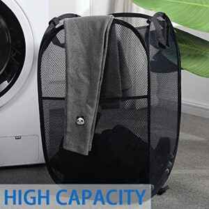 3 Pack Mesh Pop-Up Laundry Hamper, Large Dirty Clothes Baskets w Handles & Side Pocket, Collapsible Washing Laundry Basket, Portable Hamper Bag for Storage Travel (Black)