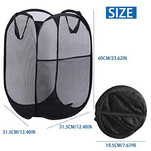 3 Pack Mesh Pop-Up Laundry Hamper, Large Dirty Clothes Baskets w Handles & Side Pocket, Collapsible Washing Laundry Basket, Portable Hamper Bag for Storage Travel (Black)