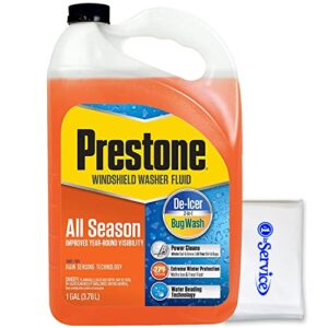 prestone as658 deluxe 3-in-1 windshield washer fluid, all season, bug wash & de-icer up to -27f, water beading technology, power cleans, safe for rain sensing wipers 1 gallon includes nois tissue pack