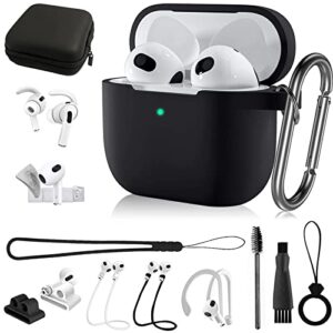 14in1 for airpods 3 case silicone accessories set 2021 released,protective cover for airpods 3 generation charging case w/ear tip cover hook/watch band holder/clean putty/carry box/keychain black