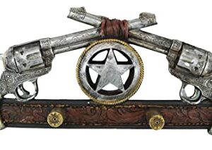 Ebros Gift Rustic Western Old World Dual Six Shooter Revolver Gun Pistols with Western Star 4 Pegs Coat Key Hat Leash Wall Hanging Bullet Ammo Shaped Hooks Country Decorative Organizer