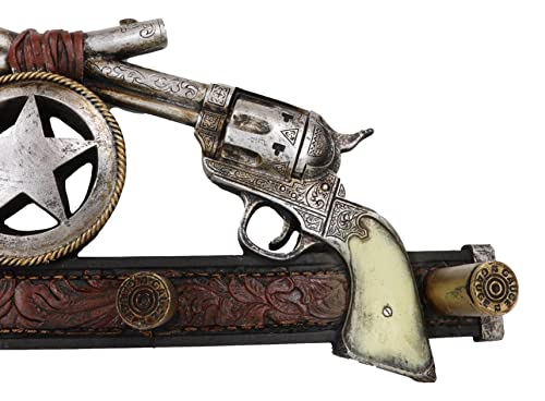 Ebros Gift Rustic Western Old World Dual Six Shooter Revolver Gun Pistols with Western Star 4 Pegs Coat Key Hat Leash Wall Hanging Bullet Ammo Shaped Hooks Country Decorative Organizer