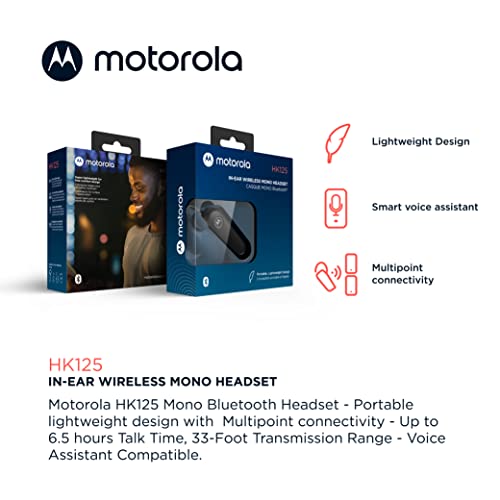 Motorola Bluetooth Earpiece HK125 in-Ear Wireless Mono Headset for Clear Voice Calls - Lightweight, Comfortable Design - 6.5 Hour Talk Time, Voice Assistant Compatible, Multipoint Connectivity
