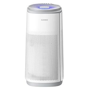 cuckoo air purifier with 5-stage h13 true hepa filter for large-sized (470 sq. ft.) rooms, uv-c, activated carbon filters 99.97% odors, smoke, dust, pollen, pet dander, modes, white, cac-k1910fw