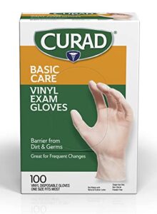 curad basic care vinyl exam gloves, disposable, one size fits most (100 count)
